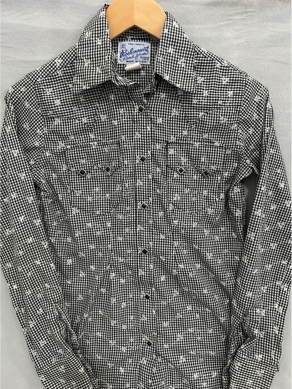 VTG Rockmount Tru-West Women XS Western Shirt Black Gingham Floral Eyelet Snap